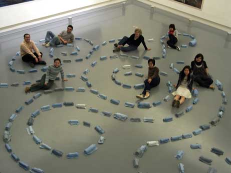 Jane and students  amongst Still Water installation