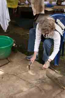 beating cordia bark from branch