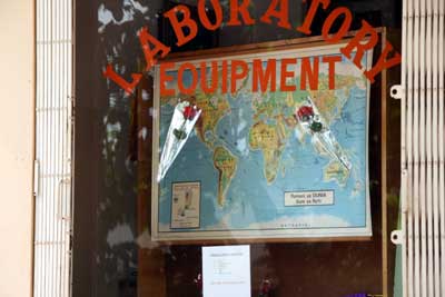 World map with Africa in the center. Found in display window supply store in Moshi