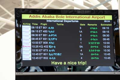 Addis Ababa Airport Departure sign . We are flight ET801 to Kilimanjaro